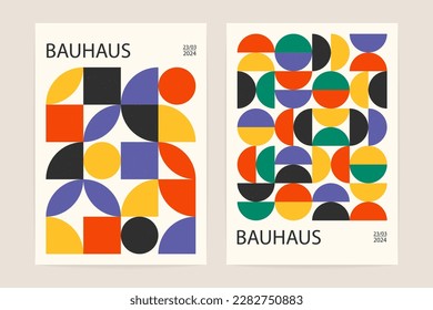 Geometric bauhaus pattern background. Abstract circle square shapes, modern minimal swiss poster layout. Vector flat set