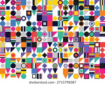 Geometrischer Bauhaus-Musterhintergrund mit hellen Neonfarben. Abstrakte moderne Kunst Mosaik Textur. Chaotische Anordnung von Quadraten, Kreisen, Dreiecken und Rechtecken. Zeitgenössisches Design für Wallpaper, Web