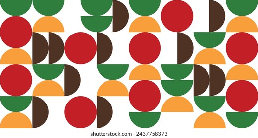 Geometric Bauhaus pattern on a transparent background with colored shapes. Simple horizontal brutalism poster, multicolored geometric pattern in retro style. Stylish vector illustration. 