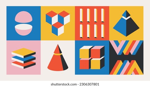 Geometric Bauhaus Pattern Showcasing Volumetric Figures, Highlighting The Interplay Of Shapes, Lines, And Angles