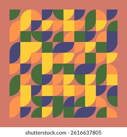 Geometric Bauhaus pattern in soft yellow, blue, and green tones. Minimalist shapes with subtle retro texture. Ideal for modern posters, packaging, and wall art. Scalable vector illustration.