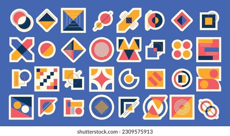 Geometric Bauhaus Pattern Stickers Set. Elements Collection with Bold Shapes and Vibrant Colors For Design Enthusiasts