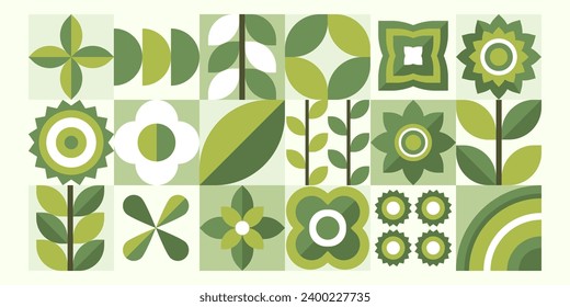 Geometric bauhaus plants, natural pattern in tiles, decorative abstract art with flowers and leaves, vector illustration, banner, wallpaper.