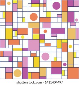 Geometric Bauhaus style vector seamless pattern background. Colorful modern tiled backdrop in orange, yellow, white with circles and rectangles. Abstract grid mosaic effect all over print