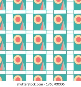 Geometrischer Bauhaus-Stil, Vektorgrafik nahtloser Muster-Hintergrund. Farbige, moderne Kachelhintergrund in Tee, Rot, Gelb, Weiß mit Kreisen, Rechtecken, Dreiecken. Abstrakter Rastermosaikeffekt auf dem gesamten Druck