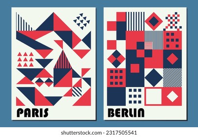 Arte de pared con patrón vectorial de bauhaus geométrico.Conjunto de cuadrados abstractos de color blanco y azul rojo y decoración retro triangular minimalista sobre un fondo blanco roto.Perfecto para la decoración, folleto,cartel,tarjeta,cubiertas 