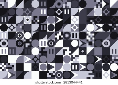 Geometric bauhaus-inspired monochrome pattern with overlapping shapes and grayscale tones