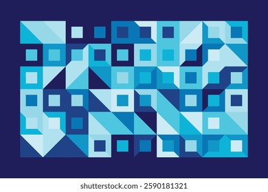 A geometric Bauhaus-style background in various shades of blue. Featuring squares and angular shapes, this abstract design combines modern aesthetics with a structured, dynamic composition.