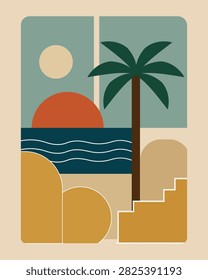 Geometric beach scene with sun over ocean palm tree silhouette stairs sand tones aesthetic boho wall art home decor.