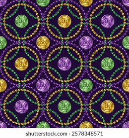 Geometric beaded pattern with coin in center of grid cells. Overlapping interlaced intersecting circular grid, ornament. Decoration for Mardi Gras carnival. Vintage style