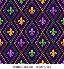 Geometric beaded pattern with fleur de lis symbol in center of grid cells. Diagonal diamond shaped rhombus grid, ornament. Decoration for Mardi Gras carnival. Vintage style illustration