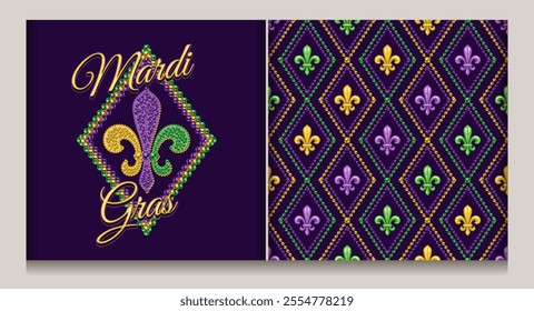 Geometric beaded pattern with fleur de lis symbol in center of grid cells. Diagonal diamond shaped rhombus grid, ornament. Label with text. Fleur de Lis sign made of mosaic of beads. Vintage style