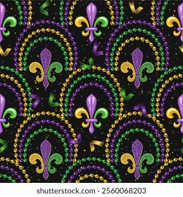 Geometric beaded pattern with fleur de lis symbol, fan shaped ornament, scattered confetti. Decoration for Mardi Gras carnival. Vintage style illustration on black textured background