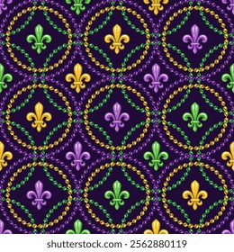 Geometric beaded pattern with fleur de lis symbol in center of grid cells. Overlapping interlaced intersecting circular grid, ornament. Decoration for Mardi Gras carnival. Vintage style illustration