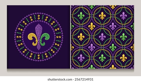 Geometric beaded pattern with fleur de lis symbol in center of grid cells. Overlapping interlaced intersecting circular grid, ornament. Circular composition with mosaic Fleur de Lis sign.