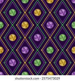 Geometric beaded pattern with fleur de lis symbol in center of grid cells. Diagonal diamond shaped rhombus grid, ornament. Decoration for Mardi Gras carnival. Vintage style illustration