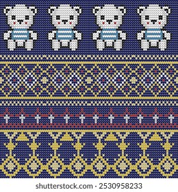Geometric Bear Knitted Pattern , Festive Sweater Design. Seamless Knitted Pattern