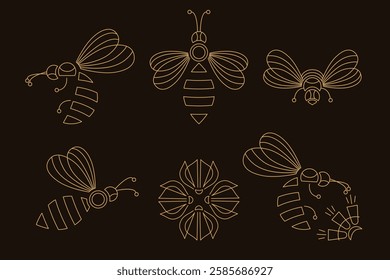 Geometric bee set in gold outline on a dark background featuring bees in various poses perfect for branding packaging beekeeping designs and decor minimalist insect vector collection