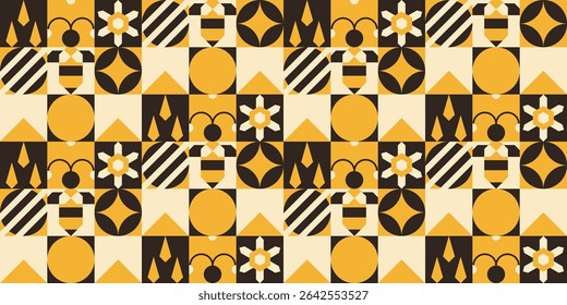 Geometric bees repeating pattern with various shapes.
