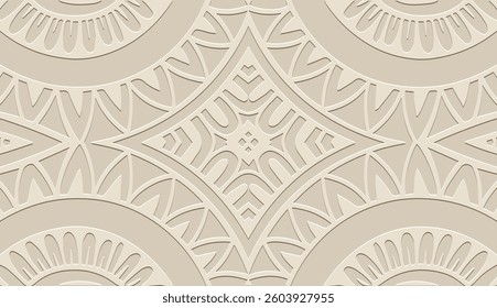 Geometric beige background, tribal cover design, ethnic banner for design. Embossed creative 3D pattern. Relief texture. Ornaments, arabesques, mandala of the East, Asia, India, Mexico, Aztec, Peru.