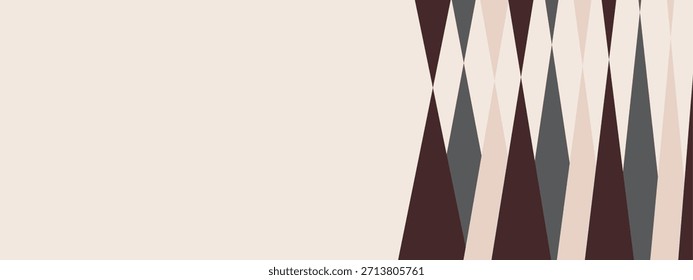 Un Anuncio beige geométrico con un patrón moderno de diamantes alargados superpuestos y triángulos en marrón oscuro, gris y marrón oscuro posicionados en el lado derecho.