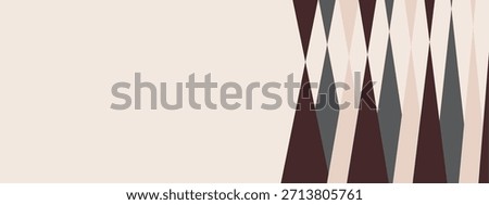 A geometric beige banner featuring a modern pattern of overlapping elongated diamonds and triangles in dark brown, gray, and tan positioned on the right side.