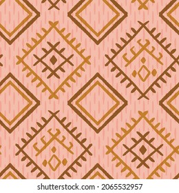 Geometric berber rug pattern repeat with hand drawn ethnic diamonds in blush pink, ochre and brown over textured background. Seamless vector illustration print design. Great for home wear, carpets and