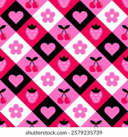 Geometric berry, flower, and heart seamless square pattern design for Valentine's Day background.