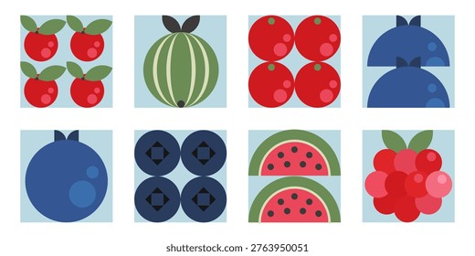 Geometric berry pattern with blue and red berries in minimalist flat style. Abstract vector fruit icons for seamless backgrounds, packaging design, or modern decorative elements.