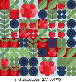 Geometric berry pattern with blue and red berries in minimalist flat style. Abstract vector fruit icons for seamless backgrounds, packaging design, or modern decorative elements.