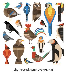 Geometric bird icons set with widespread and common species. Popular birds of the world including owl, toucan, eagle, cock, macaw, duck, penguin, pheasant, raven, kingfisher, red cardinal and more.