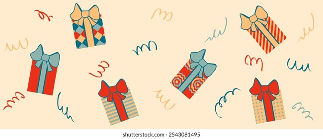 Geometric Birthday horizontal banner template with gifts box and serpentine. Festive design for card, invitation, label, sale. Hand drawn vector illustration.