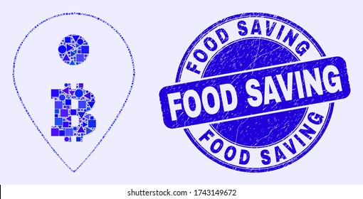 Pictograma de mosaico de marcadores de mapa de bitcoin geométrico y sello de sello de sello de reserva de alimentos. Sello de distrés redondeado del vector azul con frase de ahorro de alimentos. Mosaico abstracto del marcador de mapa de bitcoin creado de esférico, trillado,