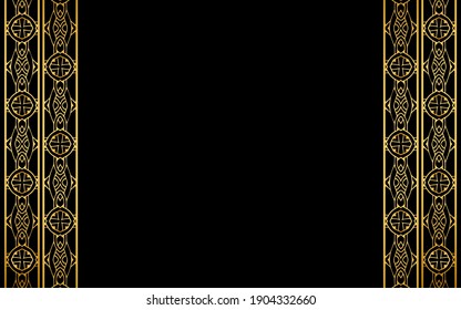 Geometric black background with artistic ethnic gold ornament in the form of vertical inserts. Design for wallpapers, websites, presentations. 