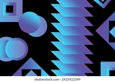 Geometric black background with blue and violet gradient elements. The composition combines various square and ellipse shapes, lines and colors