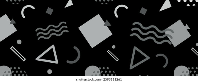 Geometric black background with gray shapes. The background features a black color with a variety of gray geometric patterns and textures. Fun memphis pattern background. Gray background vector.