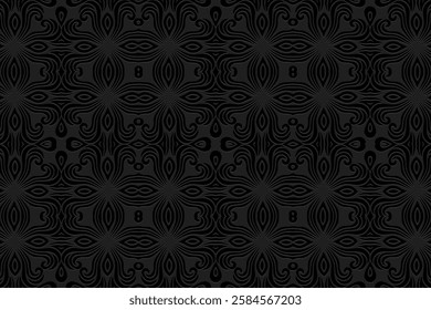 Geometric black background, tribal cover design, banner. Openwork original 3D pattern, embossing, relief texture. Ethnic ornaments, arabesques, mandala of the East, Asia, India, Mexico, Aztec, Peru.