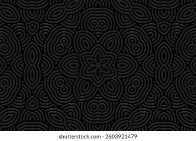 Geometric black background, tribal cover design, ethnic banner for design. Embossed stylish 3D pattern. Relief texture. Ornaments, arabesques, mandala of the East, Asia, India, Mexico, Aztec, Peru.