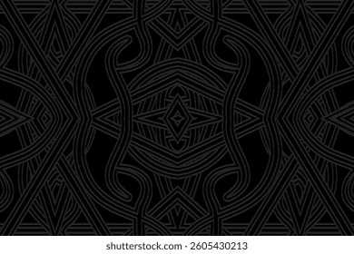 Geometric black background, tribal cover design, banner for design. Embossed artistic 3D pattern. Relief ornaments, arabesques, mandala. Ethnicity of the East, Asia, India, Mexico, Aztec, Peru.
