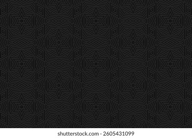 Geometric black background, tribal cover design, banner for design. Embossed fashionable 3D pattern, art deco. Relief ornaments, arabesques, mandala. Ethnicity of the East, Asia, India, Mexico, Aztec