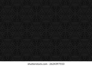Geometric black background, tribal cover design, banner for design. Ethnic decorative 3D pattern, boho style. Relief ornaments, arabesques, mandala. Motives of the East, Asia, India, Mexico, Aztec.