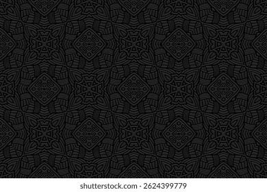 Geometrische zwarte achtergrond, tribal cover ontwerp, banner voor ontwerp. Etnisch exotisch 3D patroon, boho stijl. Verlichting ornamenten, arabesken, mandala. Motieven van het Oosten, Azië, India, Mexico, Azteken, Peru.