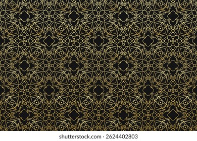 Arrière-plan géométrique noir, création de couverture tribale, bannière. Motif 3D ethnique doré, texture dorée. Ornements, arabesques, mandala. Motifs de l'Orient, Asie, Inde, Mexique, Aztèque, Pérou.