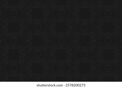 Geometric black background, tribal design cover, banner. Abstract 3d pattern, embossed, vintage. Ethnic texture, ornaments, arabesques, mandala of the East, Asia, India, Mexico, Aztec, Peru.