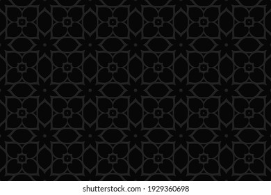 Fondo geométrico negro. Composición volumétrica de un patrón de alivio. Papel de escritorio con un efecto 3D de forma convexa con elementos étnicos en el estilo de una ventana de vidrio manchado.