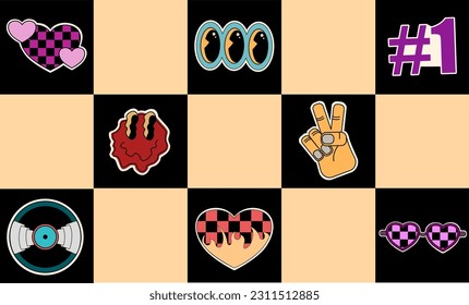 Geometric black and beige Checkered Groovy Backgrounds with cartoon characters. Stickers, various patches heart,  hands, music plate, faces with emotions. Vector illustration of y2k , 90s graphic