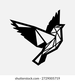 Pájaro negro geométrico en vuelo, hecho a mano de Formas poligonales, sobre un fondo blanco.