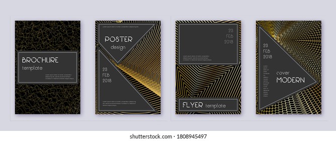 Geometric Black brochure design template set. Gold abstract lines on black background. Actual brochure design. Alive catalog, poster, book template etc.