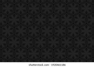 Geometric black convex volumetric 3D background. Ornament with a relief pattern of ethnic elements and stylized circles. Stylish texture for wallpaper, presentations.