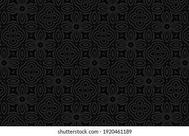 Geometric black convex volumetric 3D background in doodling style. Oriental ornament with a relief pattern of ethnic elements. Texture for decor.
